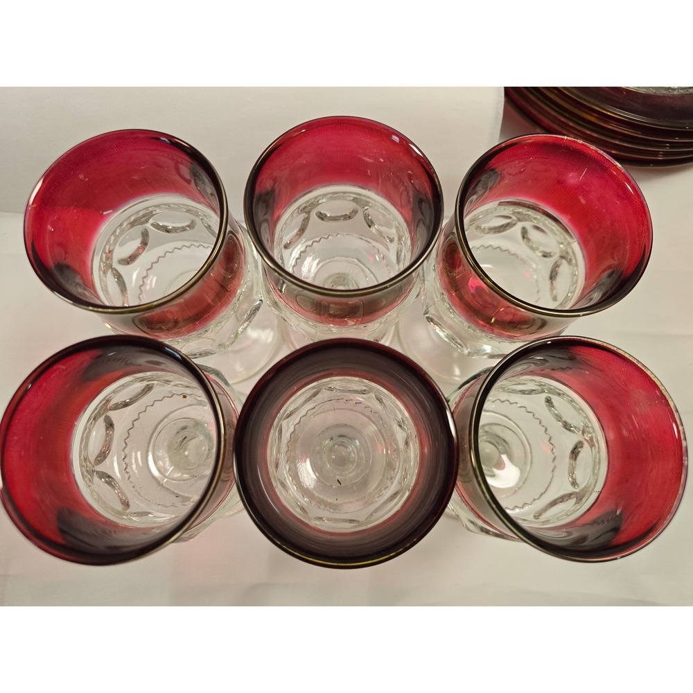 Vintage Ruby Red Flashed Thumbprint Stemmed Wine Cordial Glasses Set of 6 - Picture 3 of 5
